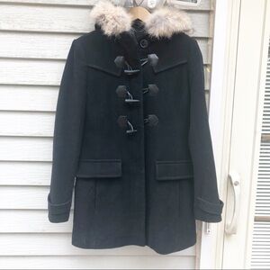 Andrew Marc NY Womens Black Wool Peacoat Winter Jacket Coat Hood Size 4 Fur Hood